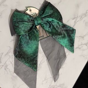 Wicked Elphaba Green Patterned Hair Bow with Black Tulle Tails